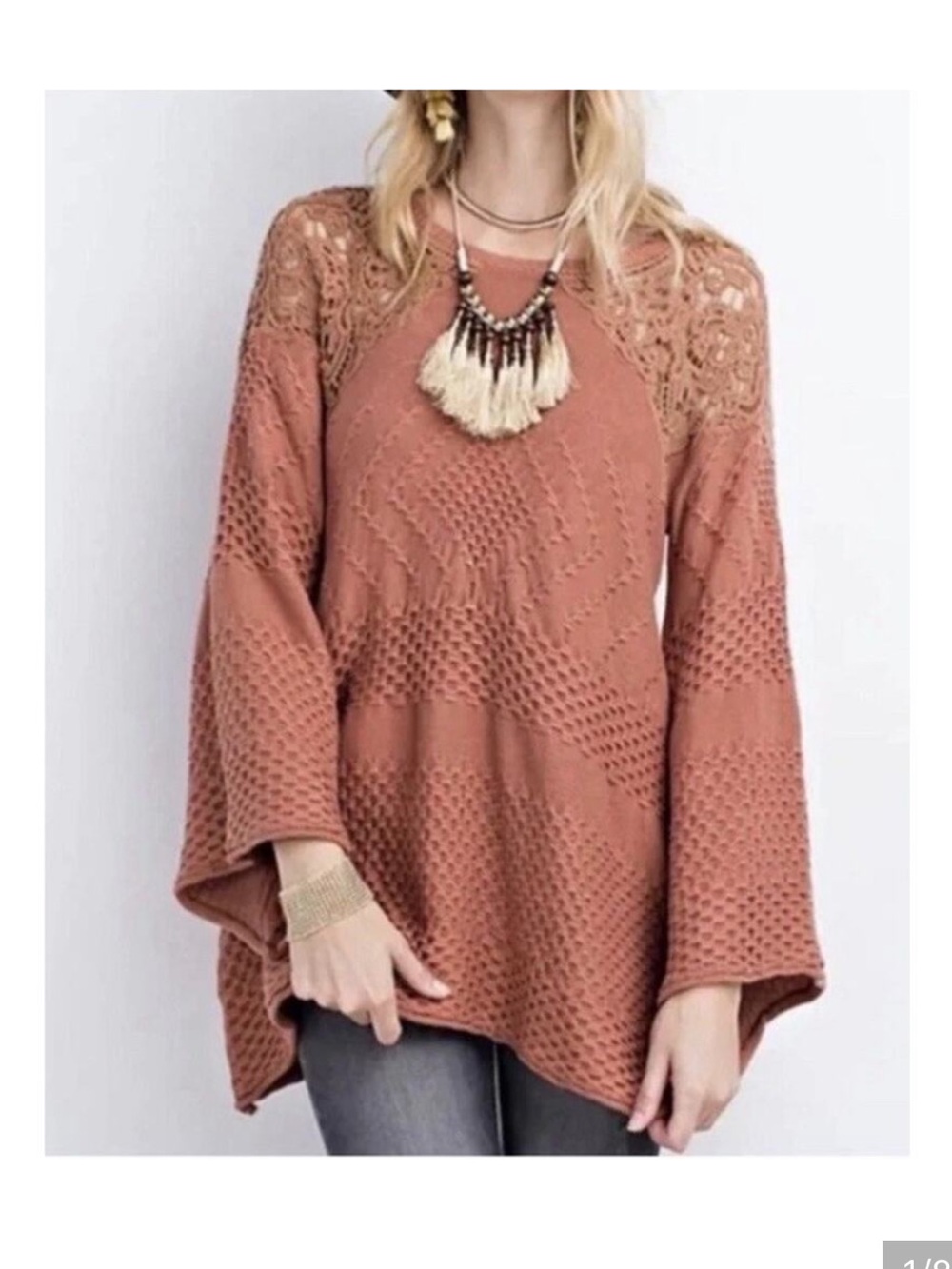 easel Crochet Lace Rust-Tone Knit Swing Pullover